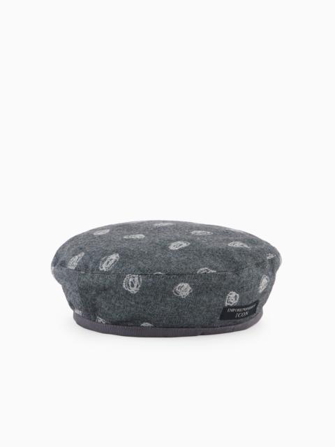 EMPORIO ARMANI Virgin wool blend beret with an Icon all-over abstract pattern