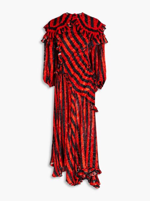 Other Designers Ruffled striped devoré-chiffon midi dress