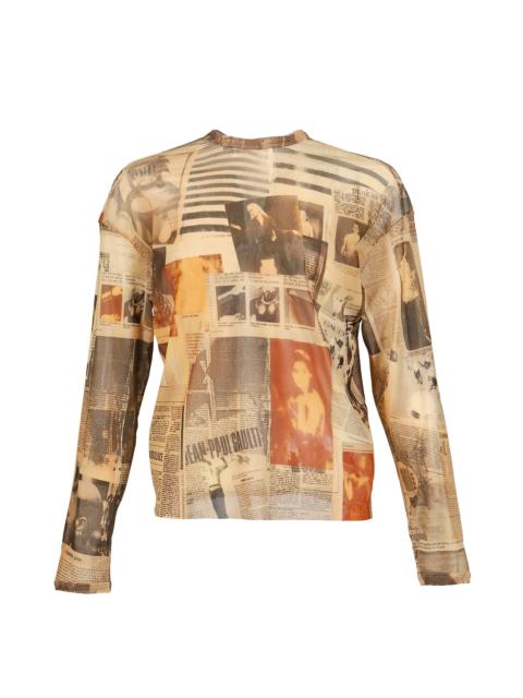 Jean Paul Gaultier MESH OVERSIZED CREW NECK TOP PRINTED "JOURNAL" / ECR/LT.GRY/RED
