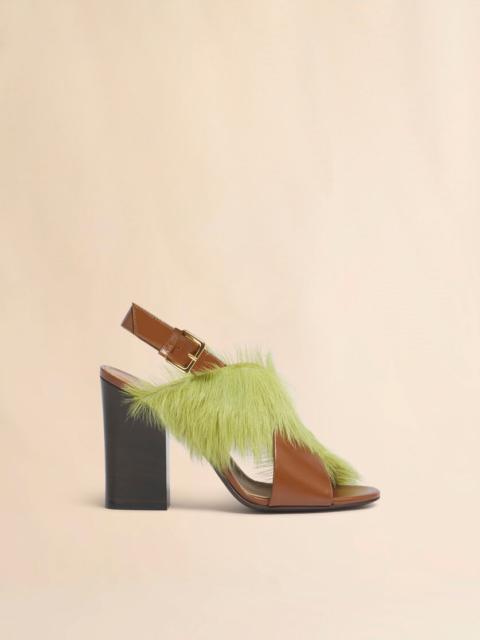 Marni BROWN AND GREEN LEATHER AND LONG-HAIR CRISS-CROSS SANDAL