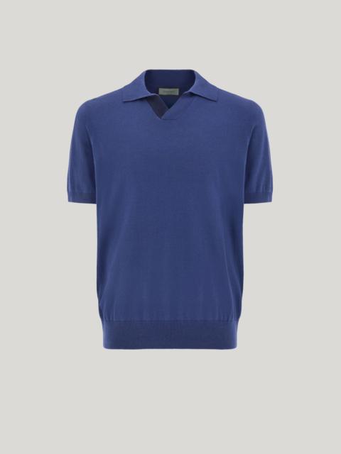 Canali AIR FORCE BLUE POLO SHIRT IN COTTON MODAL WITH LEATHER DETAILS
