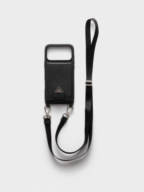 Prada Saffiano leather case for iPhone 17 Pro Max with shoulder strap