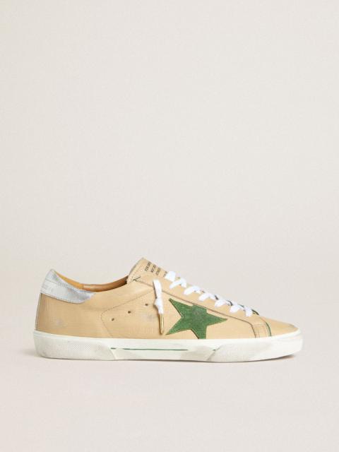 Golden Goose Super-Star LTD in beige leather with green suede star and silver foiled leather heel tab
