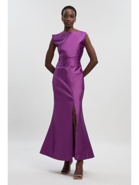 KAREN MILLEN Satin Twill Draped Waist Structured Tailored Maxi Dress