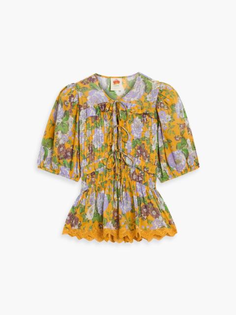 FARM RIO Pintucked floral-print cotton-voile blouse