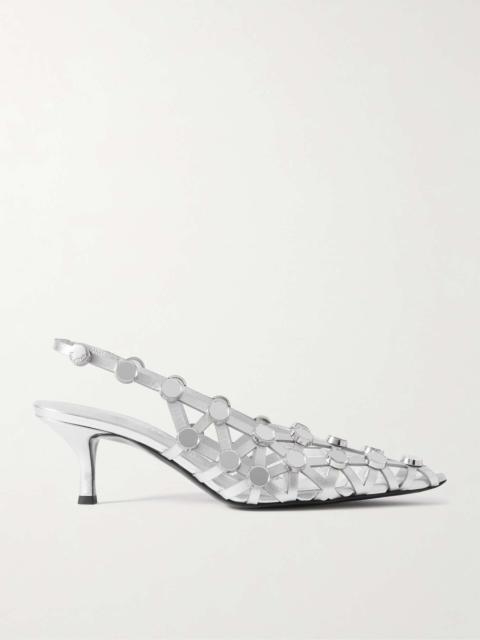 Grid studded metallic leather slingback pumps Silver
