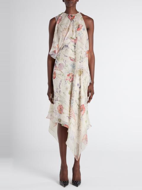 Alexander McQueen McQueen Meadow Floral Print Asymmetric Silk Chiffon Dress in White at Nordstrom