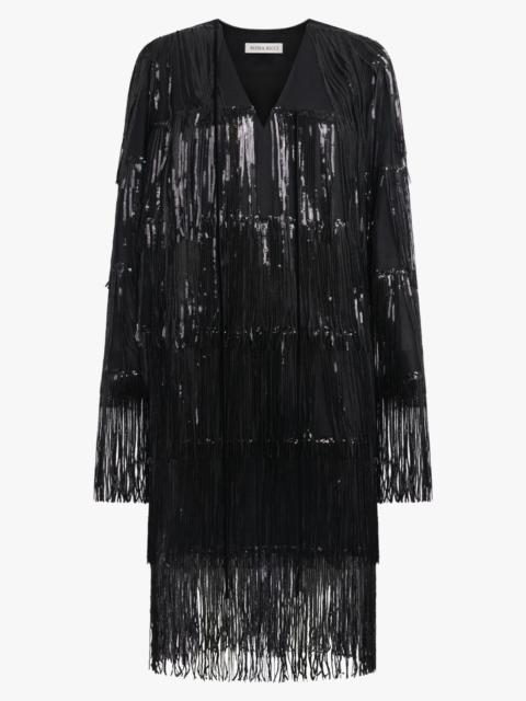 NINA RICCI V NECKLINE BOW L/S FRINGED SEQUIN MINI DRESS | BLACK