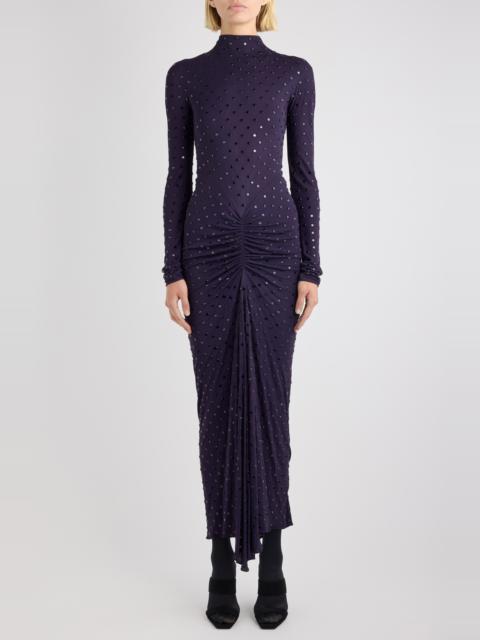 Alaïa Alaïa Crystal Embellished Ruched Long Sleeve Jersey Dress in Aubergine/Noir at Nordstrom