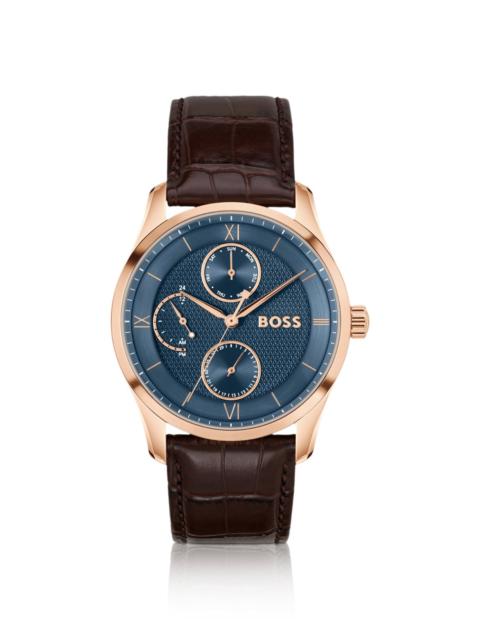BOSS PRINCIPLE LEATHER-STRAP WATCH WITH TEXTURED BLUE DIAL