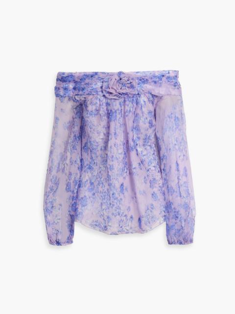 CAROLINA HERRERA Off-the-shoulder appliquéd floral-print silk-organza top