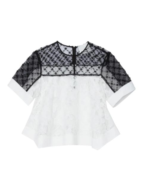 3.1 Phillip Lim Corded Lace Organza Short Sleeve Flounce Top