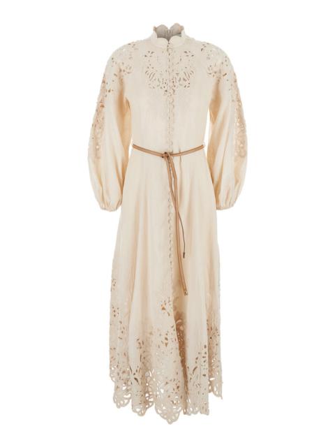 Zimmermann Zimmermann Women Beige Long Dress With High Neck And All-Over Embroidery In Linen Woman