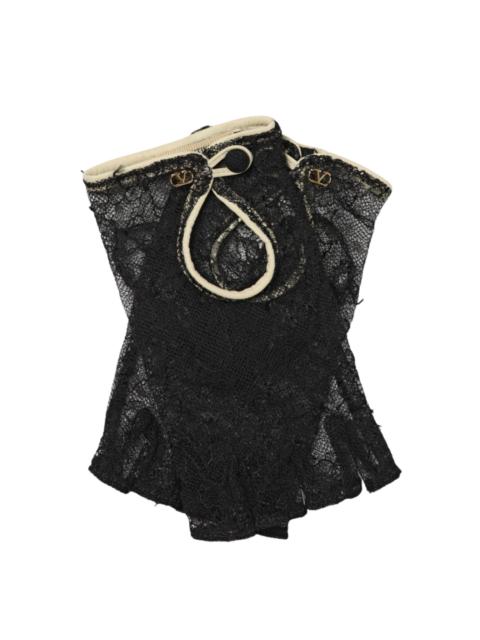 Valentino Lace Fingerless Gloves with Leather Trim