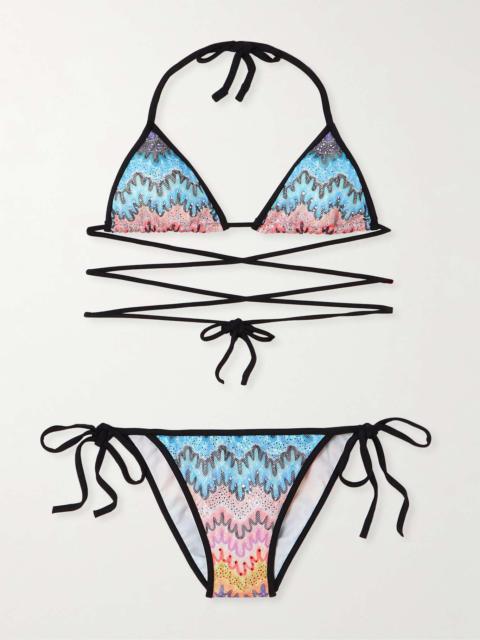 Mare sequin-embellished striped crochet-knit triangle bikini Blue