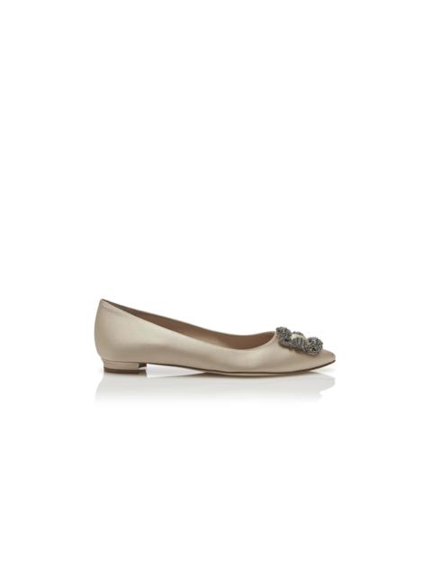 Manolo Blahnik Champagne Satin Jewel Buckle Flat Shoes