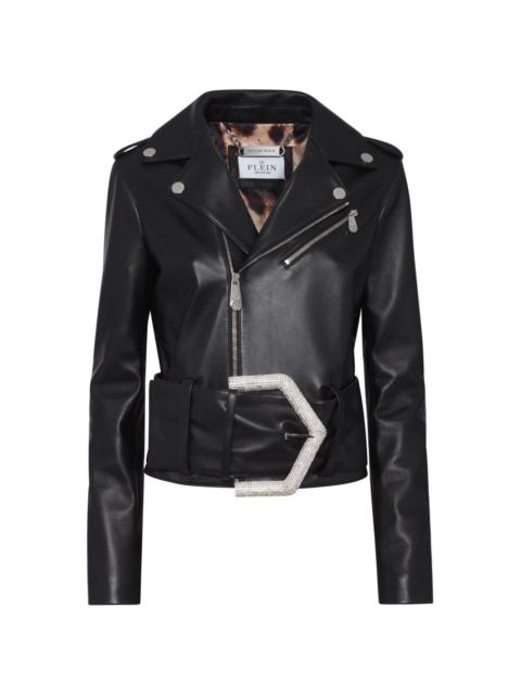 buckled faux-leather biker jacket