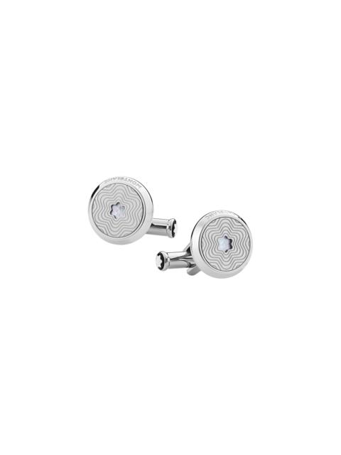 Montblanc Cufflinks, round in stainless steel with exploding star pattern and mother-of-pearl snowcap emblem
