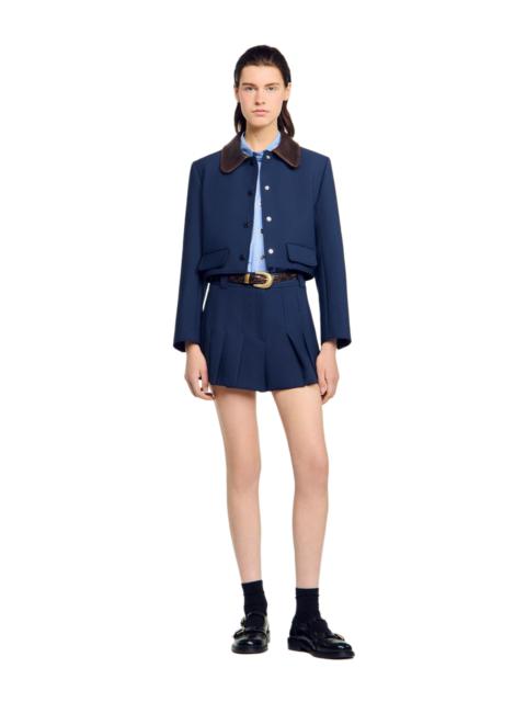 Sandro SANDRO Cropped jacket with leather collar in Navy Blue at Nordstrom