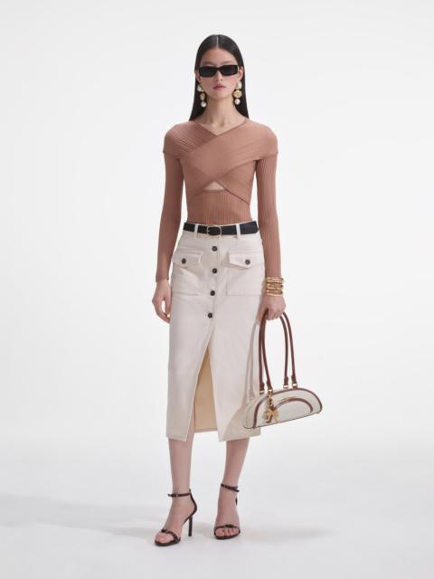 self-portrait Beige Ribbed Knit Wrap Top