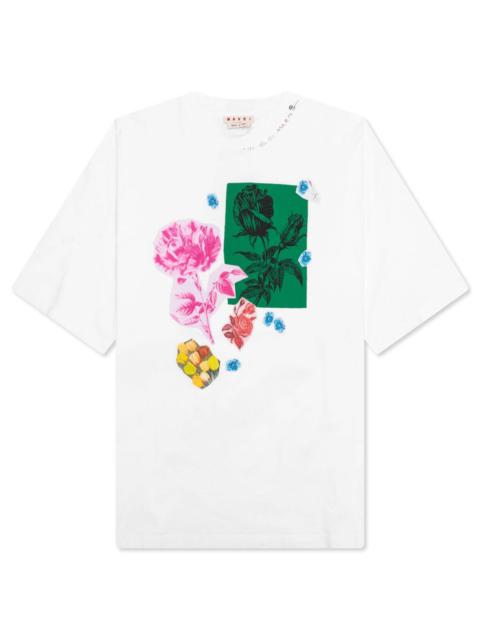 Marni WHITE COTTON T-SHIRT WITH FLOWER PRINTS - LILY WHITE