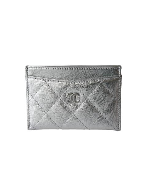 CHANEL Chanel Metallic Lambskin Quilted CC Card Holder Silver