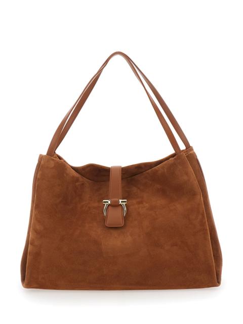 FERRAGAMO Ferragamo Women Brown Shoulder Bag With Two Top Handles And Gancini Plaque On The Front In Suede Wom