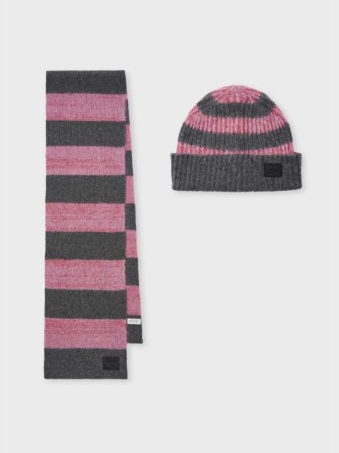 Paul Smith Women's Pink and Grey Lambswool-Blend Block Stripe Beanie and Scarf Set