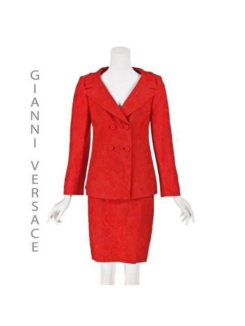 VERSACE Gianni Versace Couture Late 1980s Red Silk Jacquard Skirt Suit w/Medusa Buttons