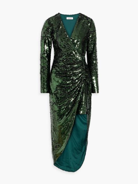 SIMKHAI Emersyn ruched sequined tulle midi dress