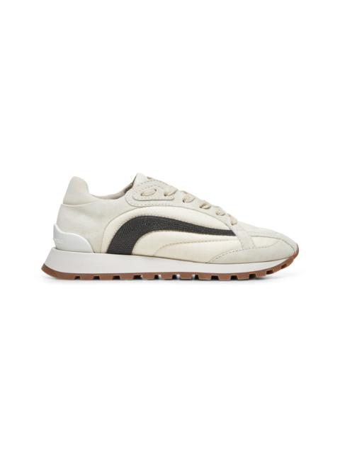 Brunello Cucinelli Women Grey Suede And Twill Precious Stripe Runners