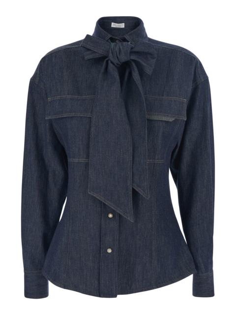 Brunello Cucinelli Brunello Cucinelli Women Blue Shirt With Bow Detail And Button Closure In Denim Woman
