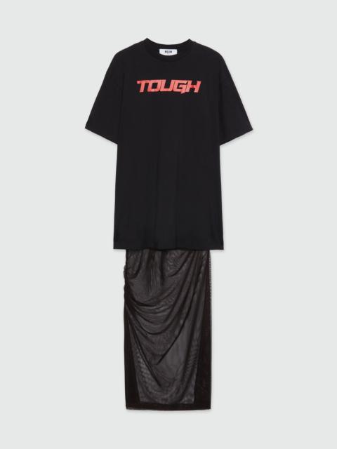 MSGM Long black dress in mixed tulle with "TOUGH" print