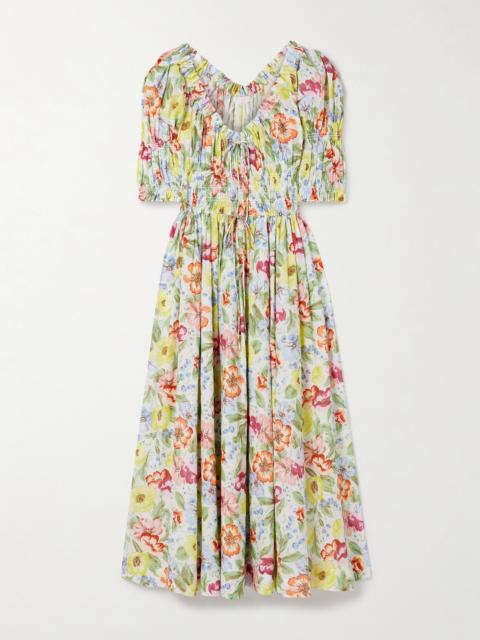 DÔEN Ischia Shirred Floral-print Cotton-voile Midi Dress