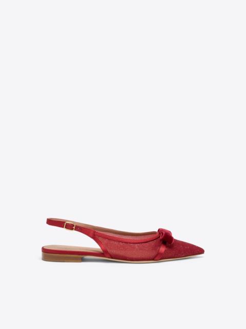 MALONE SOULIERS Jama Red Glitter Mesh Flat Slingbacks