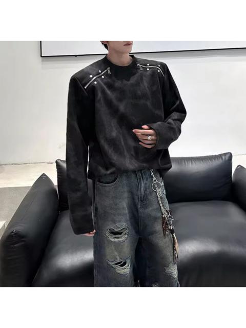 Japanese Brand - Tie-Dye Niche Metal Zipper Shoulder Long-Sleeved T-Shirt