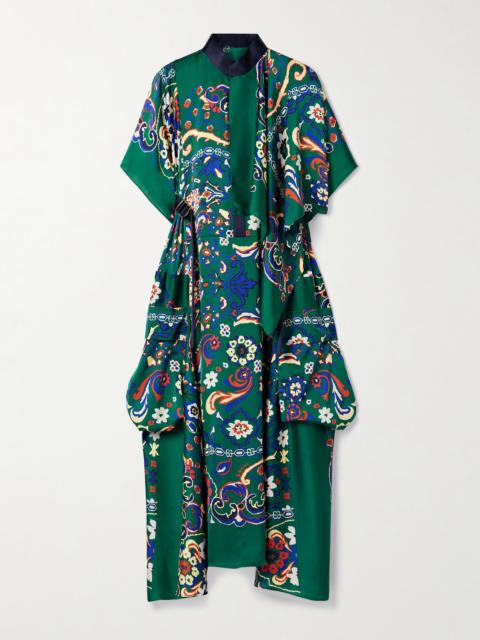 sacai Draped Printed Satin Midi Dress