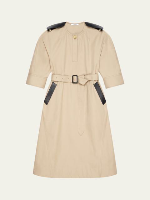 Leather-Trim Belted Cotton Twill Midi Cocoon Dress