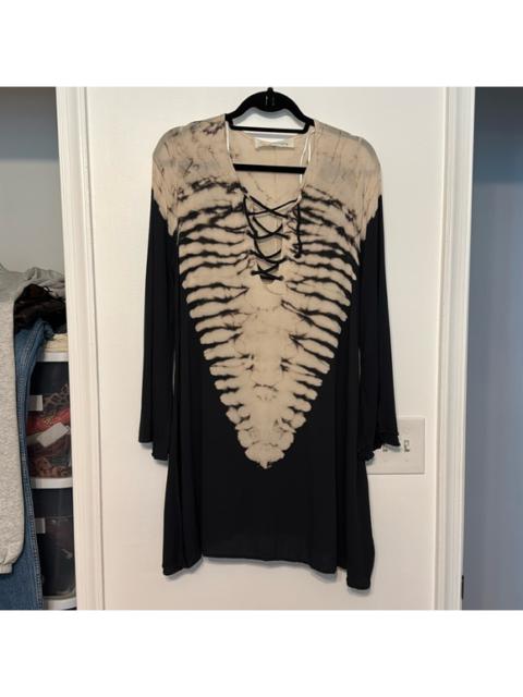 Other Designers Vintage Havana Boho Tie Dye Lace Up Bell Sleeve Silk Feel Mini Dress