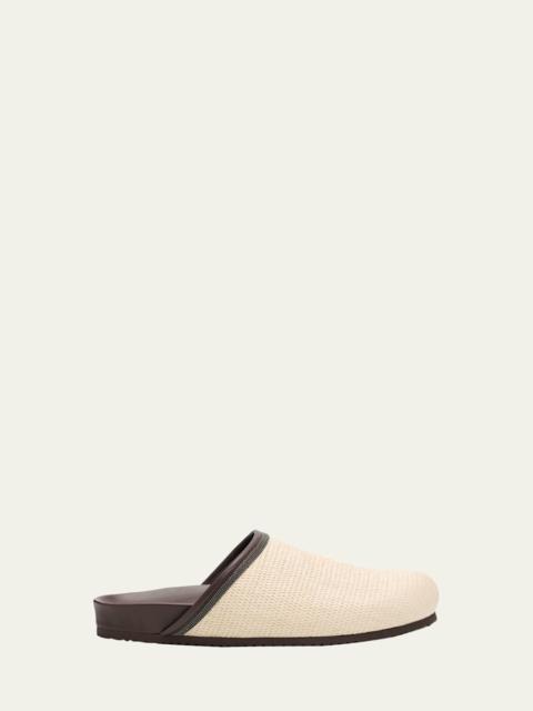 Brunello Cucinelli Monili Leather-Trimmed Raffia Mules