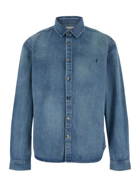 SAINT LAURENT Saint Laurent Men Blue Shirt With Classic Collar And Cassandre Embroidery On The Front In Denim Man