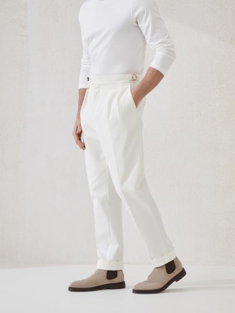 Brunello Cucinelli Cotton and virgin wool gabardine tailor fit trousers with reversed double pleats and waist tabs