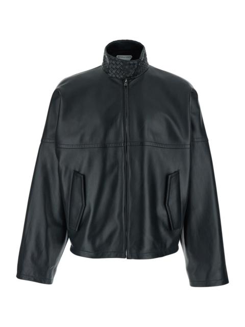Bottega Veneta Bottega Veneta Men Black Bomber Jacket With High Collar With Intreccio Design In Leather For Men