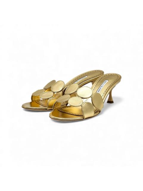 Manolo Blahnik Haribalmu 50 Leather Pumps Mules Gold EU 40 US 9.5 NWB $925