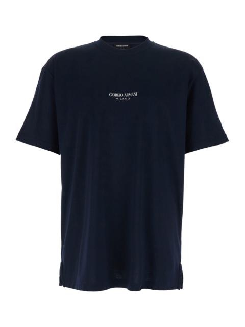 GIORGIO ARMANI Giorgio Armani Men Blue Crew-Neck T-Shirt With Raised Collar And Logo On The Front In Cotton Man