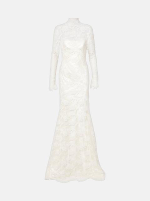 DANIELLE FRANKEL Bridal Adena floral lace-trimmed wool and silk gown
