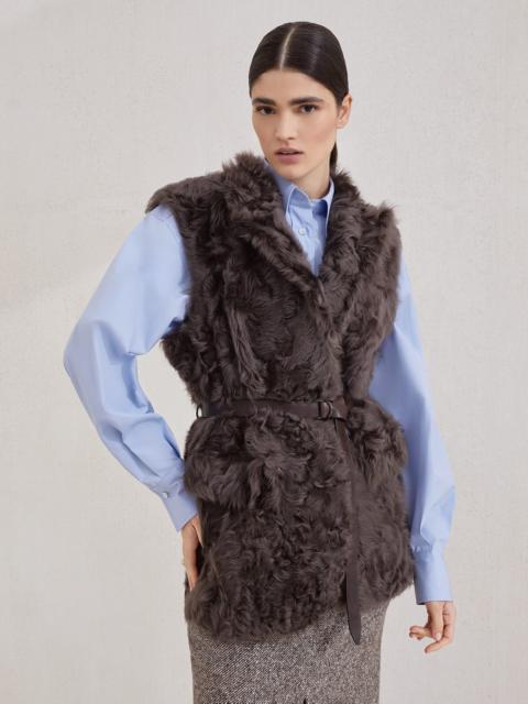 Brunello Cucinelli Wavy shearling vest with leather belt and monili
