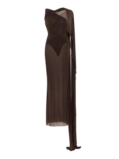 THE ATTICO Ruched Sheer Jersey Maxi Dress brown