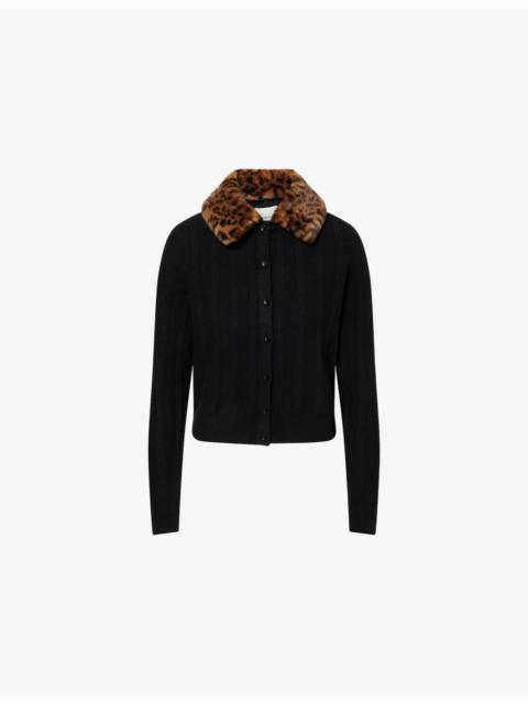 Reformation Hannah Faux Fur-Collar Merino-Wool Cardigan