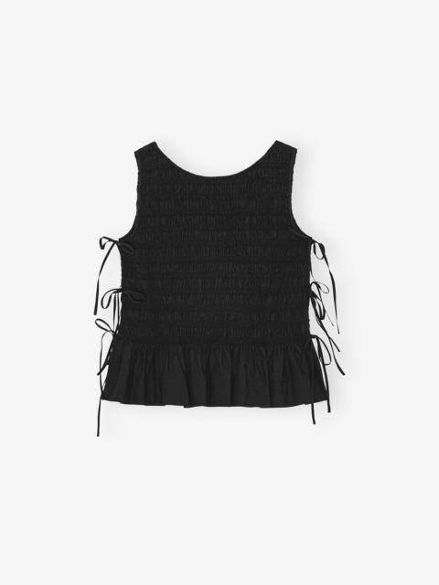GANNI BLACK COTTON SMOCK TIE TOP